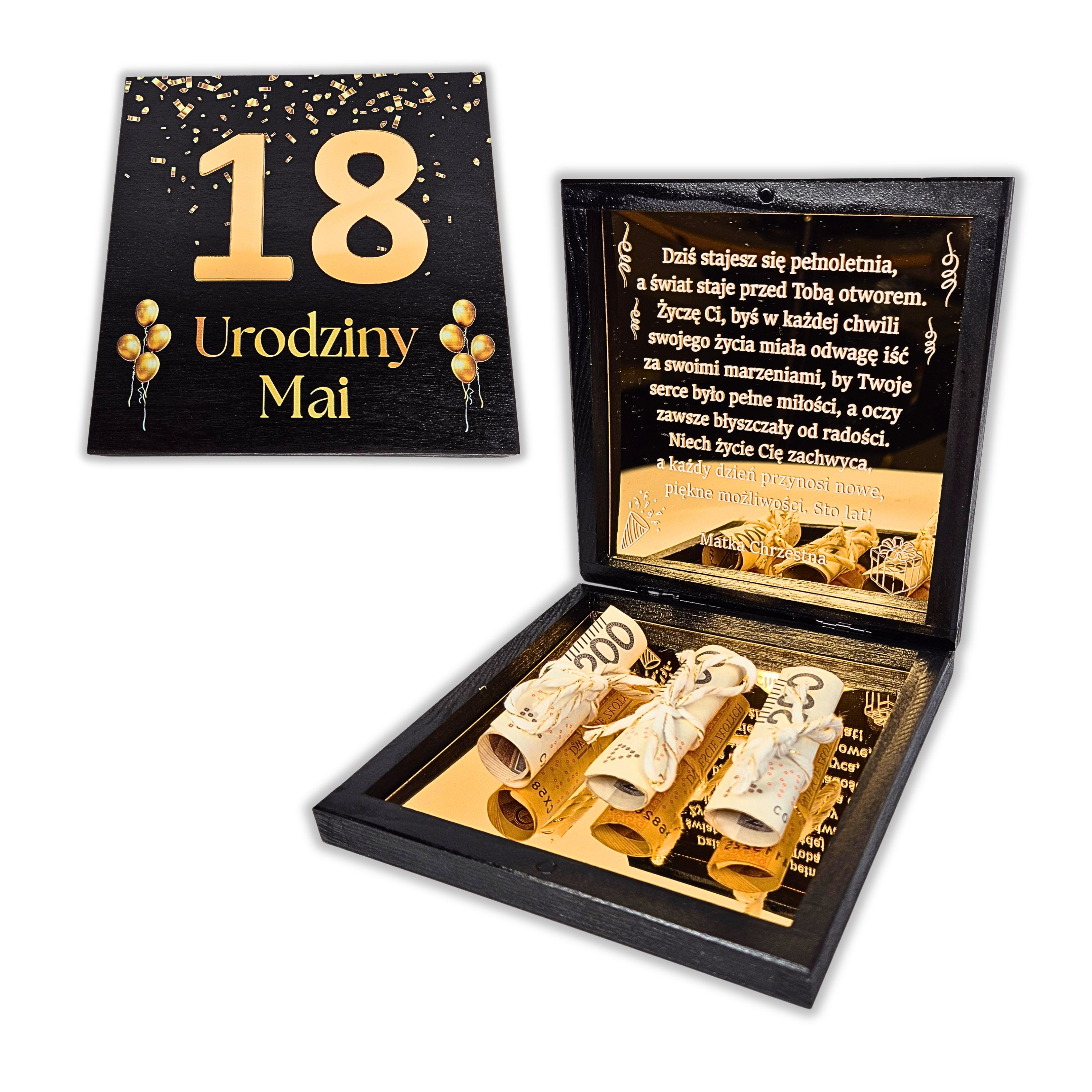 Czarne pudełko na pieniądze na 18 urodziny – personalizowany prezent z złotą plexi